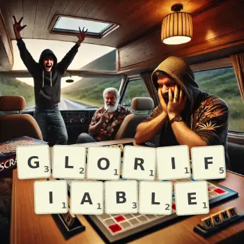 Creative illustration for a Scrabble game with the word GLORIFIABLE spelled out in tiles on the board.