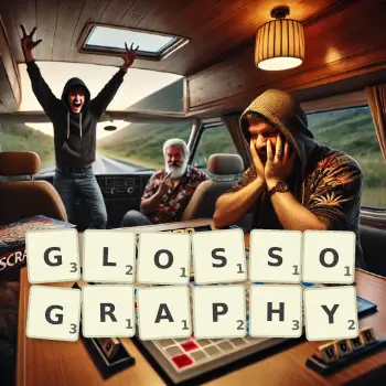 Creative illustration for a Scrabble game with the word GLOSSOGRAPHY spelled out in tiles on the board.