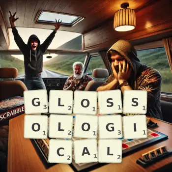 Creative illustration for a Scrabble game with the word GLOSSOLOGICAL spelled out in tiles on the board.