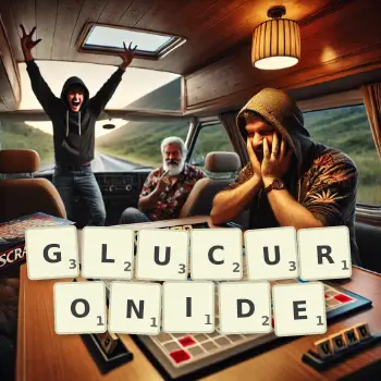 Creative illustration for a Scrabble game with the word GLUCURONIDE spelled out in tiles on the board.