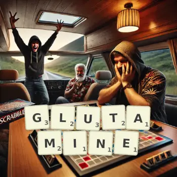 Creative illustration for a Scrabble game with the word GLUTAMINE spelled out in tiles on the board.