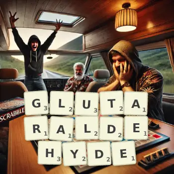 Creative illustration for a Scrabble game with the word GLUTARALDEHYDE spelled out in tiles on the board.