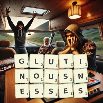 Creative illustration for a Scrabble game with the word GLUTINOUSNESSES spelled out in tiles on the board.