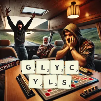 Creative illustration for a Scrabble game with the word GLYCYLS spelled out in tiles on the board.