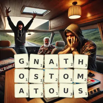 Creative illustration for a Scrabble game with the word GNATHOSTOMATOUS spelled out in tiles on the board.