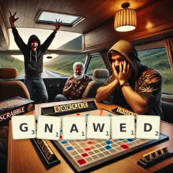 Creative illustration for a Scrabble game with the word GNAWED spelled out in tiles on the board.
