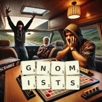 Creative illustration for a Scrabble game with the word GNOMISTS spelled out in tiles on the board.