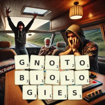 Creative illustration for a Scrabble game with the word GNOTOBIOLOGIES spelled out in tiles on the board.