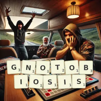Creative illustration for a Scrabble game with the word GNOTOBIOSIS spelled out in tiles on the board.