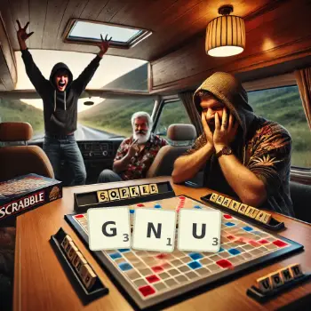 Creative illustration for a Scrabble game with the word GNU spelled out in tiles on the board.