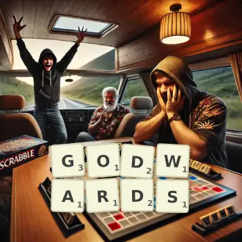 Creative illustration for a Scrabble game with the word GODWARDS spelled out in tiles on the board.