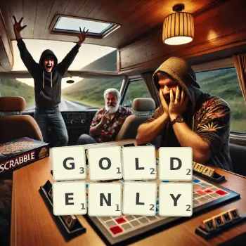 Creative illustration for a Scrabble game with the word GOLDENLY spelled out in tiles on the board.