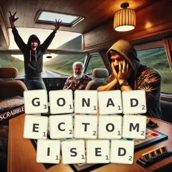 Creative illustration for a Scrabble game with the word GONADECTOMISED spelled out in tiles on the board.