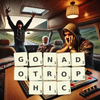 Creative illustration for a Scrabble game with the word GONADOTROPHIC spelled out in tiles on the board.