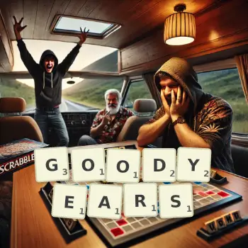 Creative illustration for a Scrabble game with the word GOODYEARS spelled out in tiles on the board.
