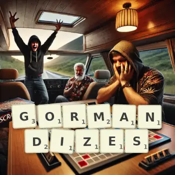 Creative illustration for a Scrabble game with the word GORMANDIZES spelled out in tiles on the board.