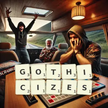 Creative illustration for a Scrabble game with the word GOTHICIZES spelled out in tiles on the board.