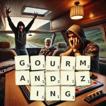 Creative illustration for a Scrabble game with the word GOURMANDIZING spelled out in tiles on the board.