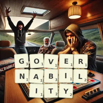 Creative illustration for a Scrabble game with the word GOVERNABILITY spelled out in tiles on the board.