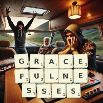 Creative illustration for a Scrabble game with the word GRACEFULNESSES spelled out in tiles on the board.