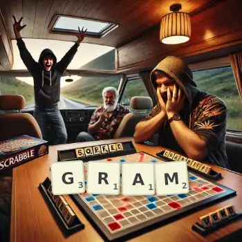 Creative illustration for a Scrabble game with the word GRAM spelled out in tiles on the board.