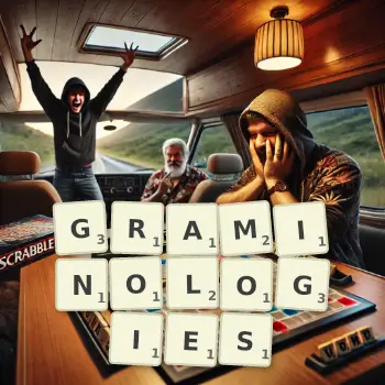 Creative illustration for a Scrabble game with the word GRAMINOLOGIES spelled out in tiles on the board.