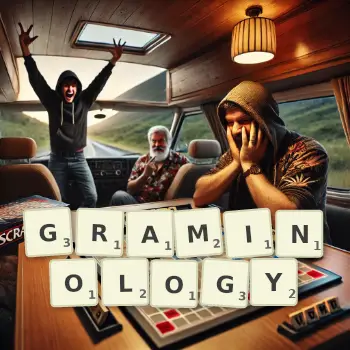 Creative illustration for a Scrabble game with the word GRAMINOLOGY spelled out in tiles on the board.