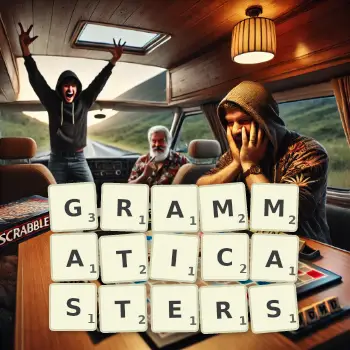 Creative illustration for a Scrabble game with the word GRAMMATICASTERS spelled out in tiles on the board.