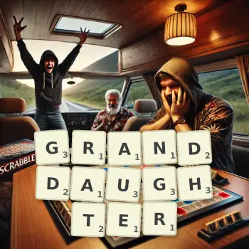 Creative illustration for a Scrabble game with the word GRANDDAUGHTER spelled out in tiles on the board.