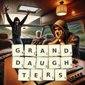 Creative illustration for a Scrabble game with the word GRANDDAUGHTERS spelled out in tiles on the board.