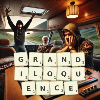 Creative illustration for a Scrabble game with the word GRANDILOQUENCE spelled out in tiles on the board.