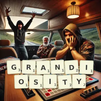 Creative illustration for a Scrabble game with the word GRANDIOSITY spelled out in tiles on the board.