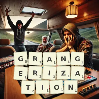 Creative illustration for a Scrabble game with the word GRANGERIZATION spelled out in tiles on the board.