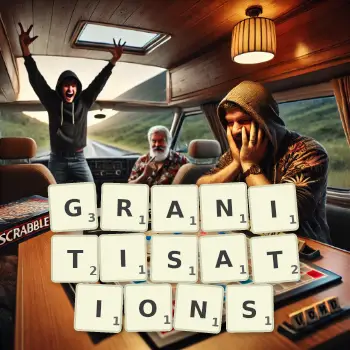 Creative illustration for a Scrabble game with the word GRANITISATIONS spelled out in tiles on the board.