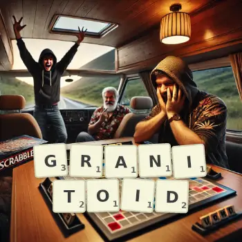 Creative illustration for a Scrabble game with the word GRANITOID spelled out in tiles on the board.