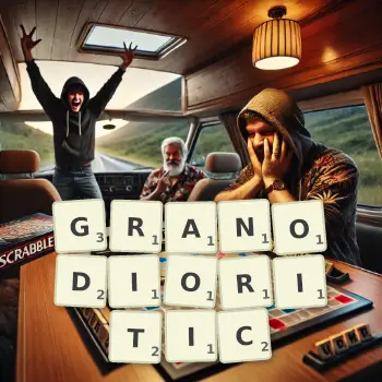 Creative illustration for a Scrabble game with the word GRANODIORITIC spelled out in tiles on the board.