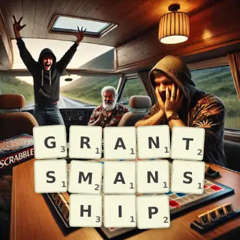 Creative illustration for a Scrabble game with the word GRANTSMANSHIP spelled out in tiles on the board.