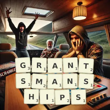 Creative illustration for a Scrabble game with the word GRANTSMANSHIPS spelled out in tiles on the board.