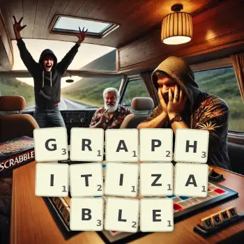 Creative illustration for a Scrabble game with the word GRAPHITIZABLE spelled out in tiles on the board.