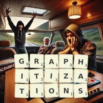 Creative illustration for a Scrabble game with the word GRAPHITIZATIONS spelled out in tiles on the board.