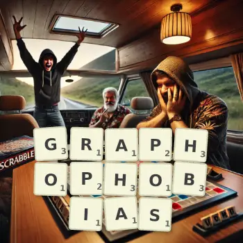 Creative illustration for a Scrabble game with the word GRAPHOPHOBIAS spelled out in tiles on the board.