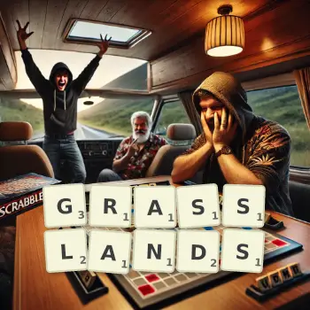 Creative illustration for a Scrabble game with the word GRASSLANDS spelled out in tiles on the board.