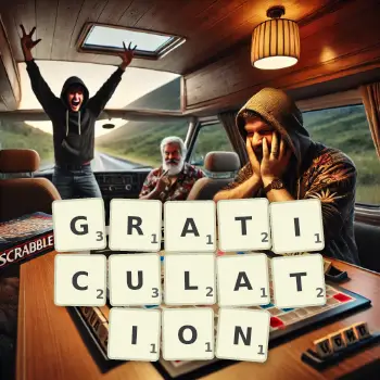 Creative illustration for a Scrabble game with the word GRATICULATION spelled out in tiles on the board.
