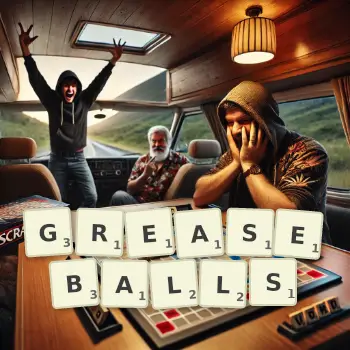 Creative illustration for a Scrabble game with the word GREASEBALLS spelled out in tiles on the board.