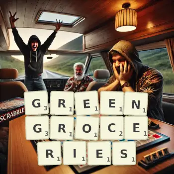 Creative illustration for a Scrabble game with the word GREENGROCERIES spelled out in tiles on the board.