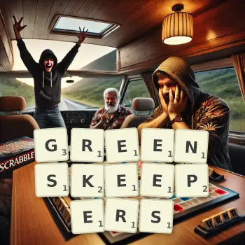 Creative illustration for a Scrabble game with the word GREENSKEEPERS spelled out in tiles on the board.