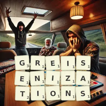 Creative illustration for a Scrabble game with the word GREISENIZATIONS spelled out in tiles on the board.