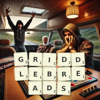 Creative illustration for a Scrabble game with the word GRIDDLEBREADS spelled out in tiles on the board.