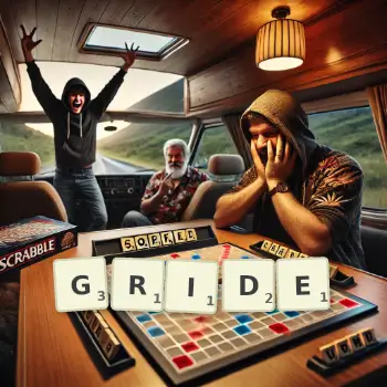 Creative illustration for a Scrabble game with the word GRIDE spelled out in tiles on the board.