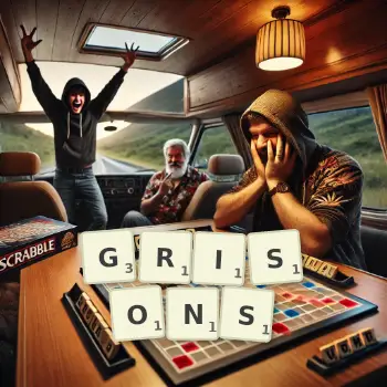 Creative illustration for a Scrabble game with the word GRISONS spelled out in tiles on the board.